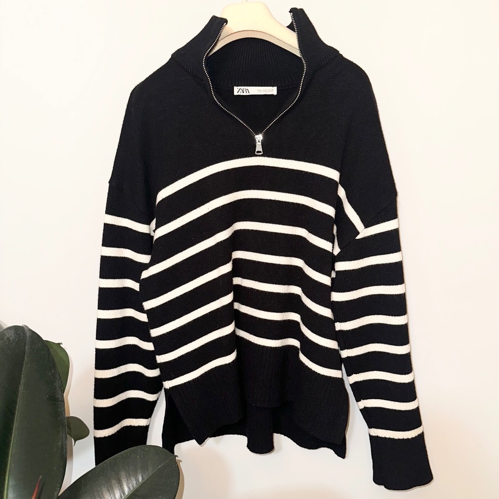 Zara Black and White Striped Quarter-Zip Sweater - Picture 3 of 5